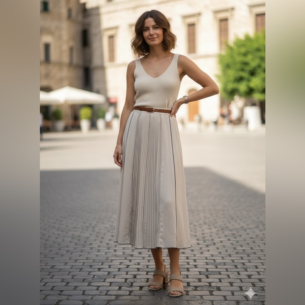 Zara Cream A-Line Skirt with Pleats